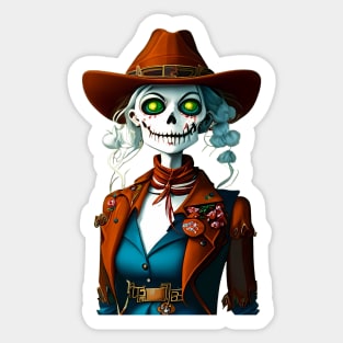 cowgirl, skeleton, western, cowboy, skull, halloween, vintage, country, country music, rodeo, yeehaw, howdy, bull skull, funny, texas, cowboy hat, retro, cowboy boots, cute, skull art Sticker